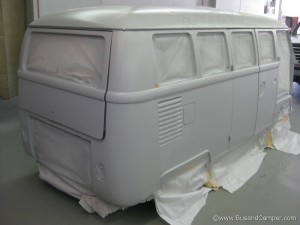 Rear passenger side of our primer campervan