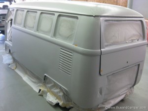 Long side panel on a splitscreen Bus in primer