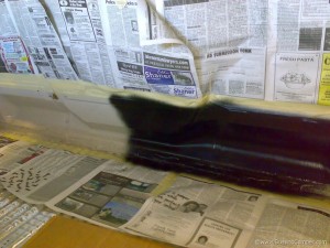 VW Camper interior finishing touches to bedliner paint the kick panel