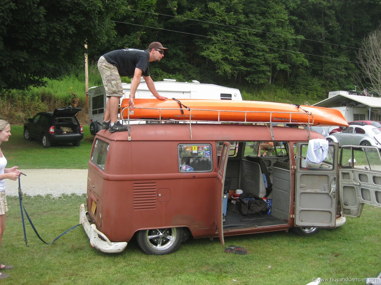 Kayak on roof of split window Bus Moonie style